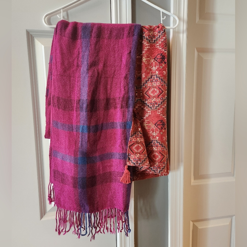 Cato Aztec Scarf And Fuchsia Plaid Scarf with Fringe -Sold Together